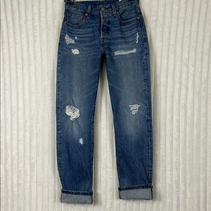Levi’s 150th anniversary 501 button fly distressed selvage jeans sz 27x32